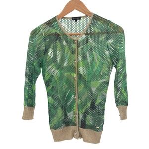 Vintage Escada Cardigan Sweater Women Small Green Gold Mesh Abstract Button‎ Up